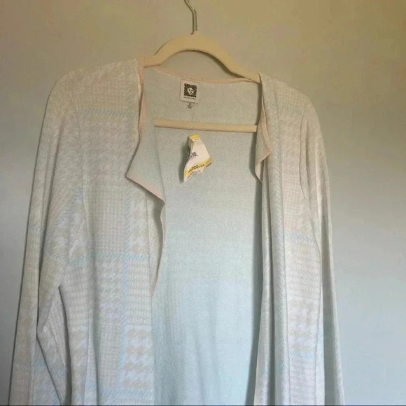 NWT Anne Klein light blue palette beige houndstooth long open  cardigan - Picture 2 of 8